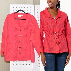 Plus Size 2X Lacey Chabert Lace Front Drawstring Waist Lightweight Button Jacket